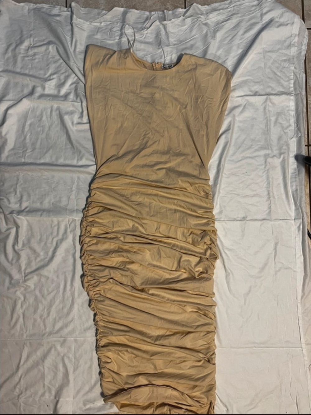Fashion Nova Tan Ruched Midi Dress